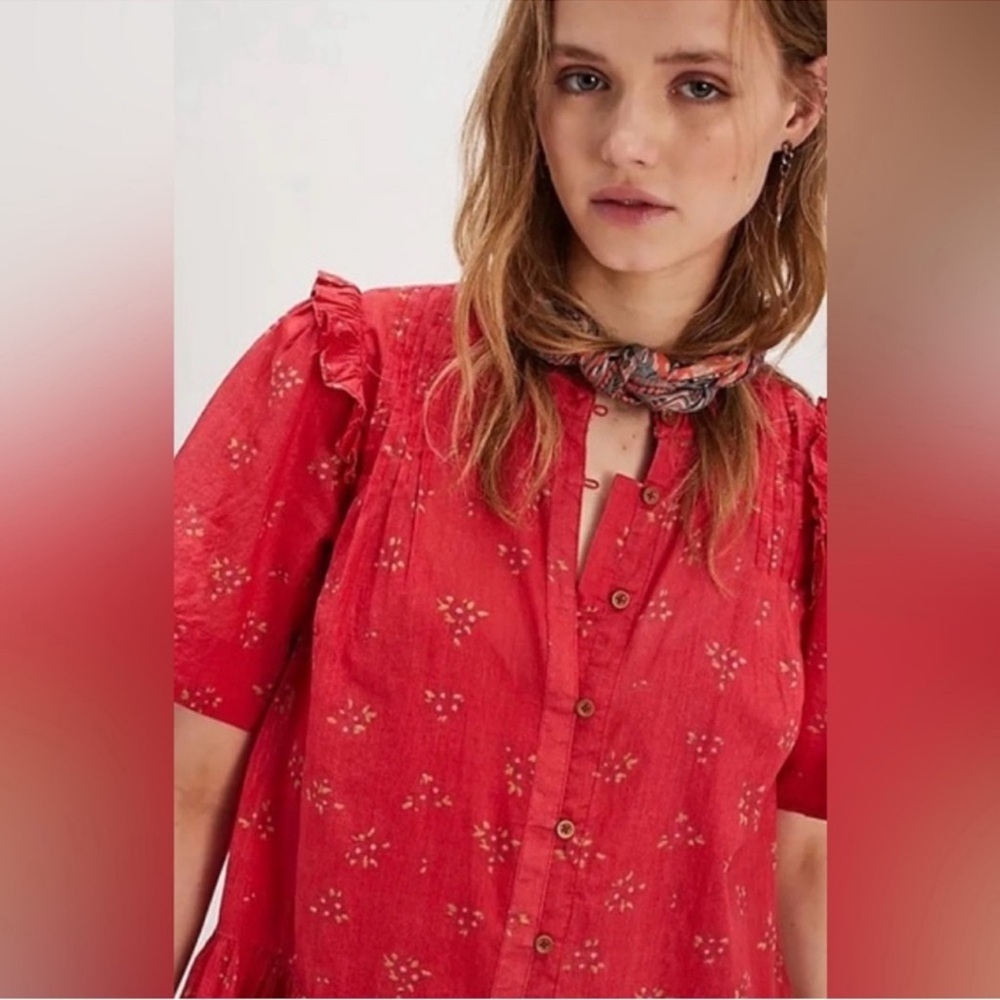 Free People Red Floral Button-Down Dress - Picture 2 of 6